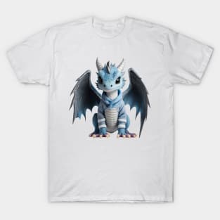 Cute Blue Baby Dragon Wearing a Warm Winter Jacket T-Shirt